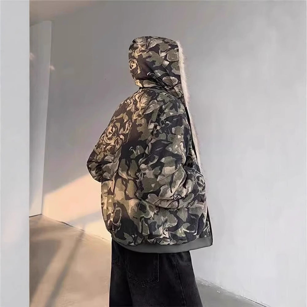 Elevate Your Style with the Retro Camouflage Fur Hood Jacket